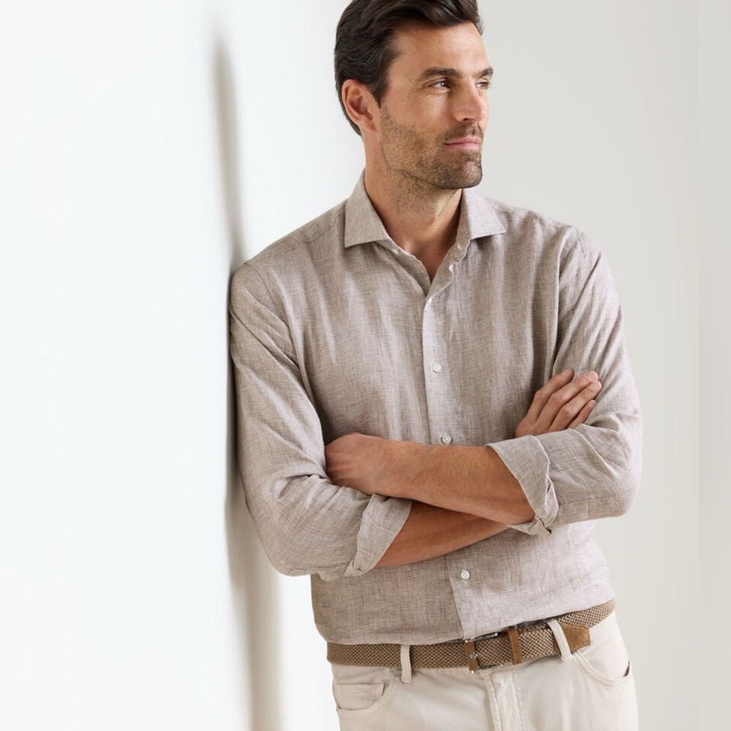 Peter Millar Men’s Cotton Button Front Shirt // Tan // Large